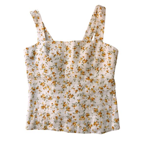 New REFORMATION Women's White-Yellow Floral Darci Linen Top Size 6 - Picture 3 of 8